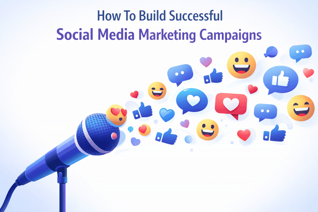 a microphone surrounded by social emoticons