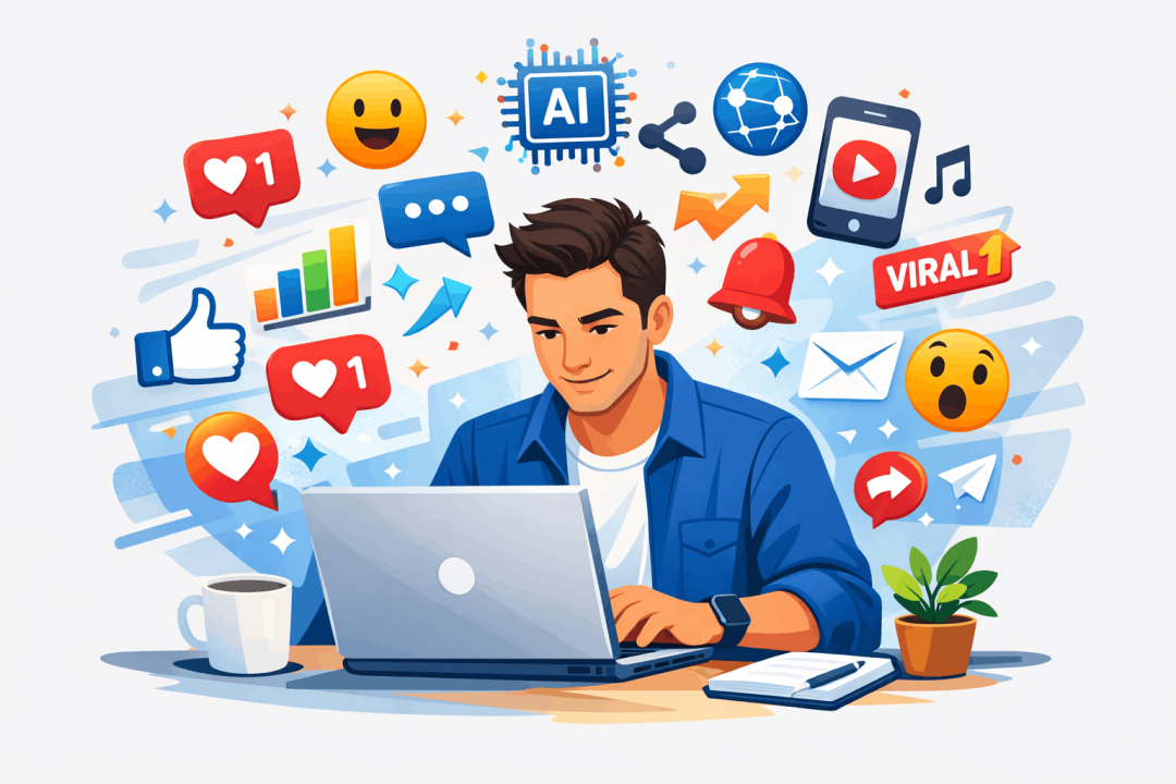 Man working on a laptop with social media icons