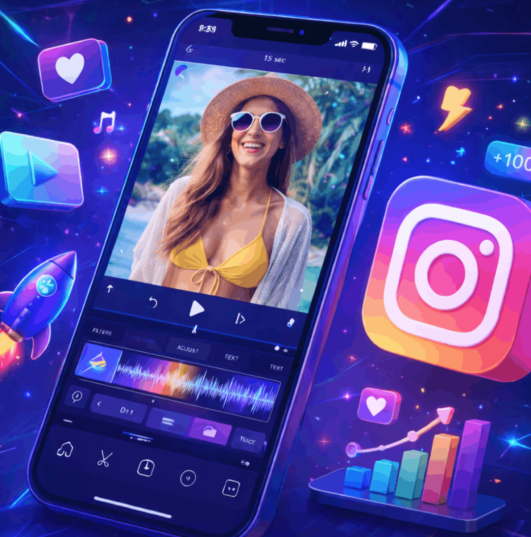 Smartphone editing Instagram reel with analytics, icons, and growth visuals.