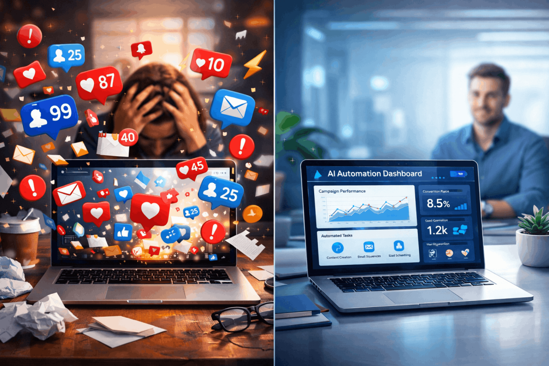 Split images showing social media chaos and organization